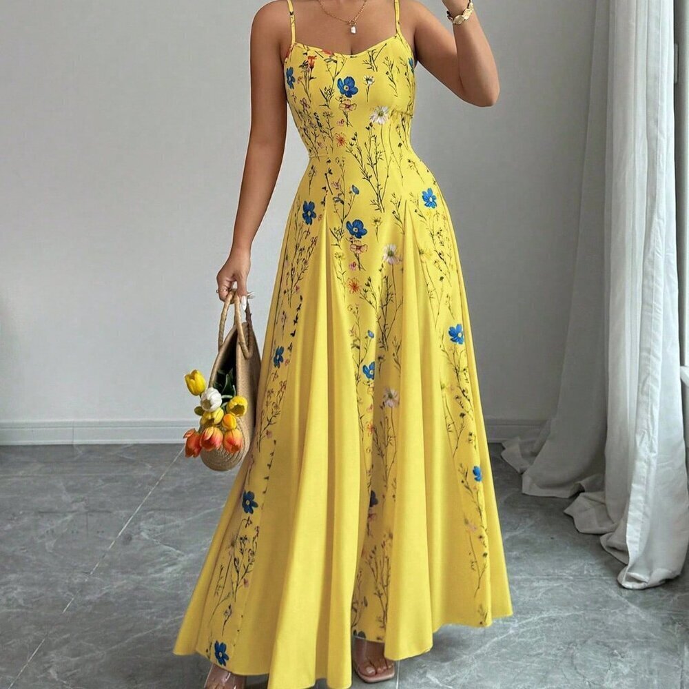 Yellow Boho Women's Elegant Floral Print Dress